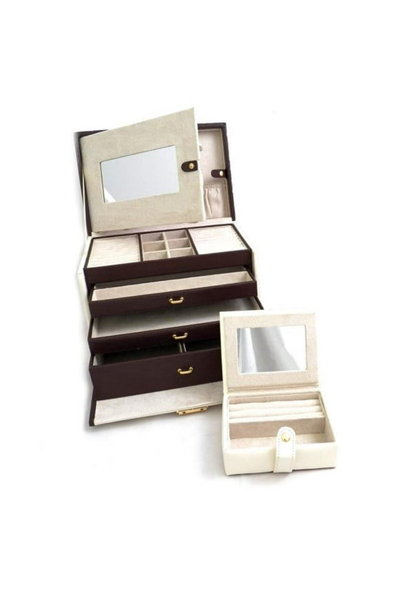 Ivory and Brown Leather with Hidden Storage Behind Mirror Top Handle 3-Drawer Locking Jewelry Case with Removable Travel Case GM4117