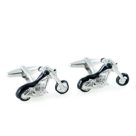 Bey-Berk International J251 Rhodium Plated & Black Enamel Motorcycle Design Cufflinks, Silver