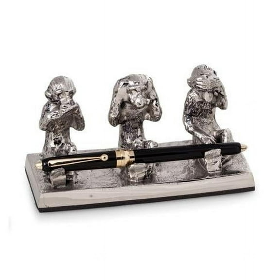 Bey-Berk International R21C Antique Silver Plated See Hear & Speak No Evil Monkey Pen Holder