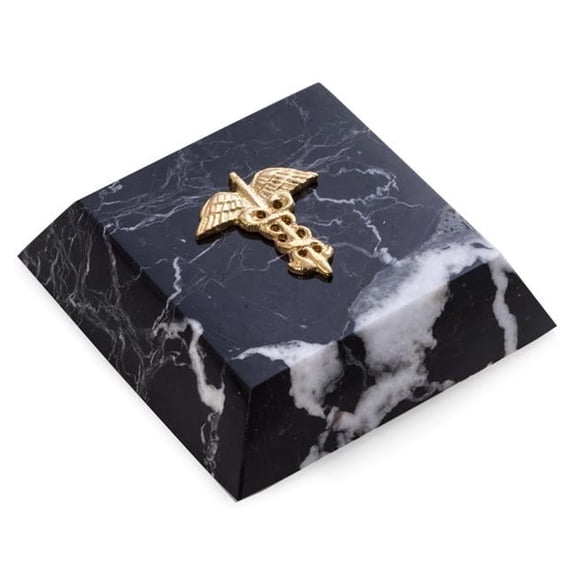 Bey-Berk International R26M Black Zebra Marble Paperweight with Gold Plated Medical Emblem