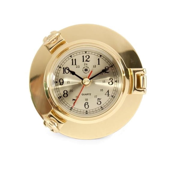 Bey-Berk International SQ506 Lacquered Brass Porthole Quartz Clock with Beveled Glass, Gold - 5.25 x 2 in.