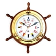 thumbnail image 1 of Bey-Berk International SQ518 Lacquered Brass Porthole Oak Ships Wheel Quartz Clock with Nautical Flags Dial Face, 1 of 1