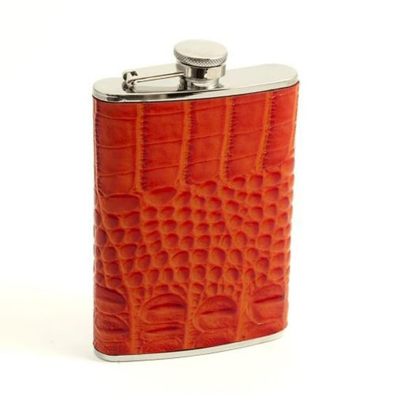 Bey-Berk International FS268 8 oz Stainless Steel Croco Leather Flask with Captive Cap & Durable Rubber Seal - Orange & Silver