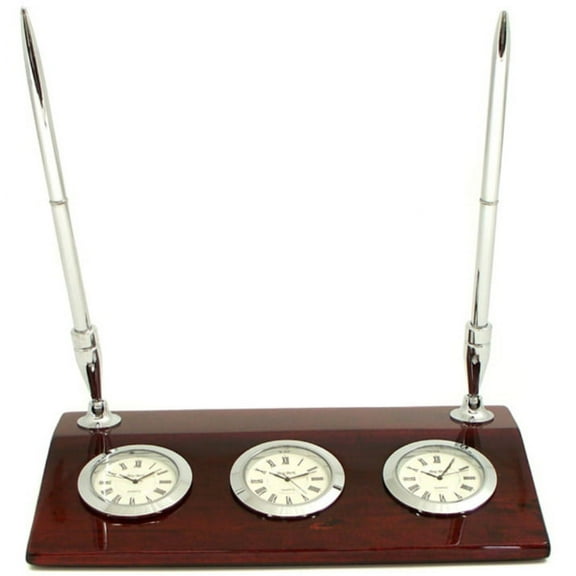 Bey-Berk International Triple Time Zone Desk Clock with Pen Set