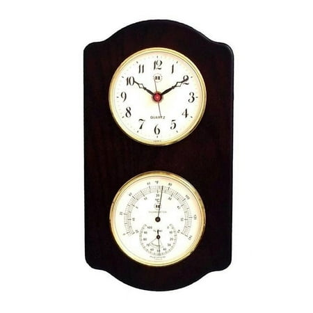 Bey-Berk International WS419 Brass Quartz Clock Thermometer with Hygrometer in Ash Wood