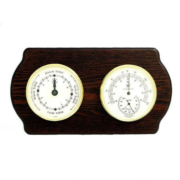 Bey-Berk International WS420 Brass Tide Clock Thermometer with Hygrometer in Ash Wood