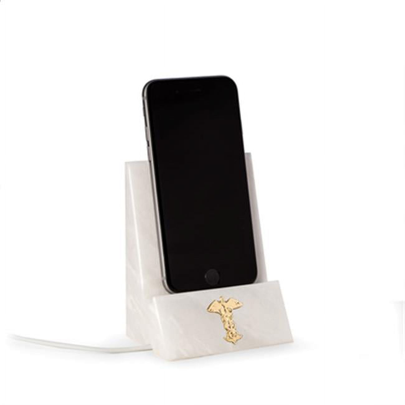 White Marble Phone Charging Stand with Brass Insignia