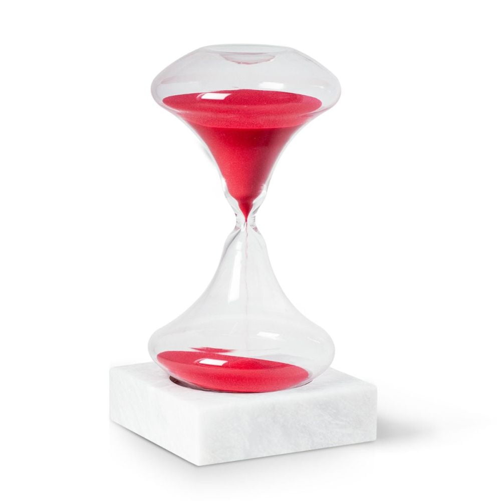 Art Deco Crystal Glass Hourglass with White Marble Base and Red Sand