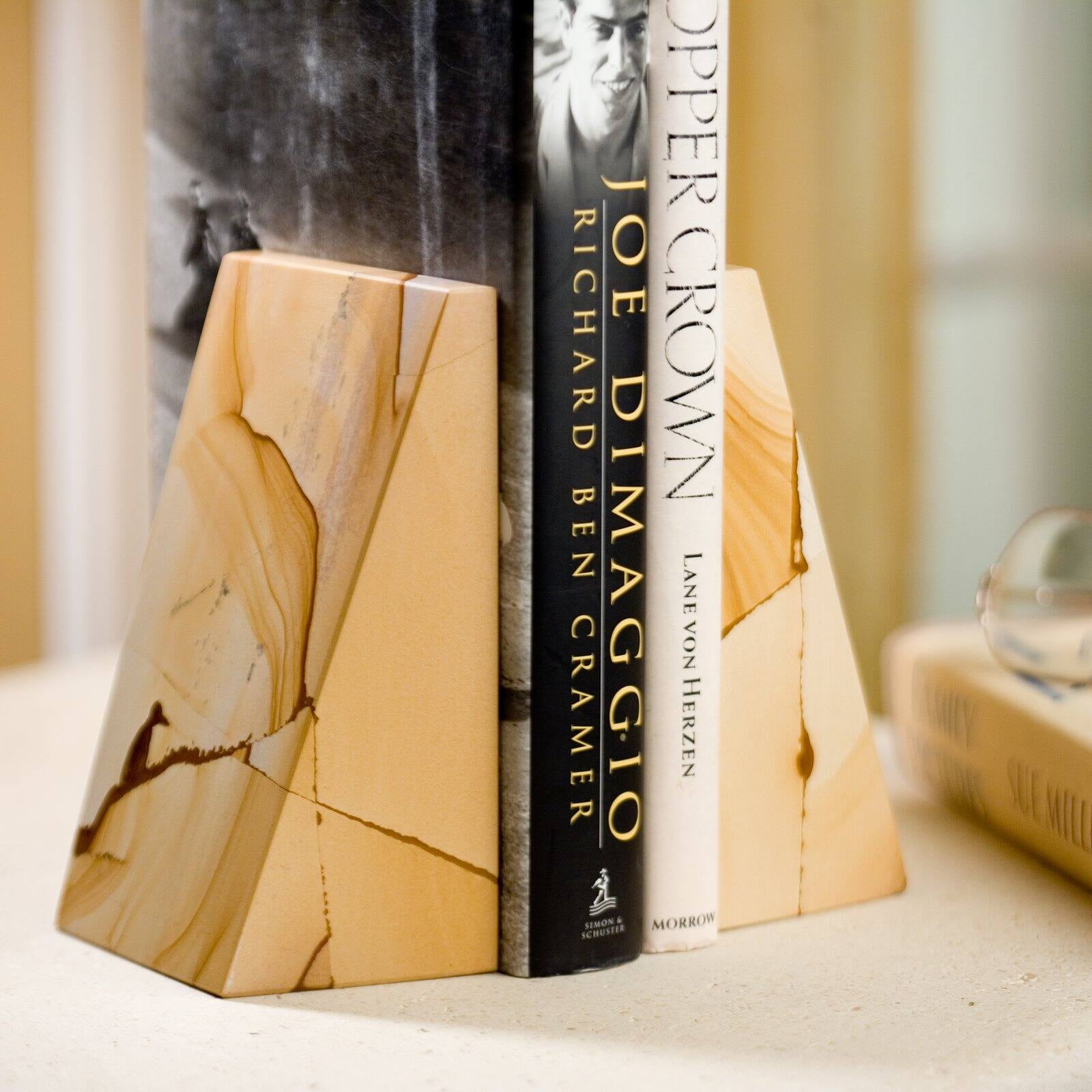 Elegant Triangle Natural Marble 6" Bookends - Warm Neutral Tones