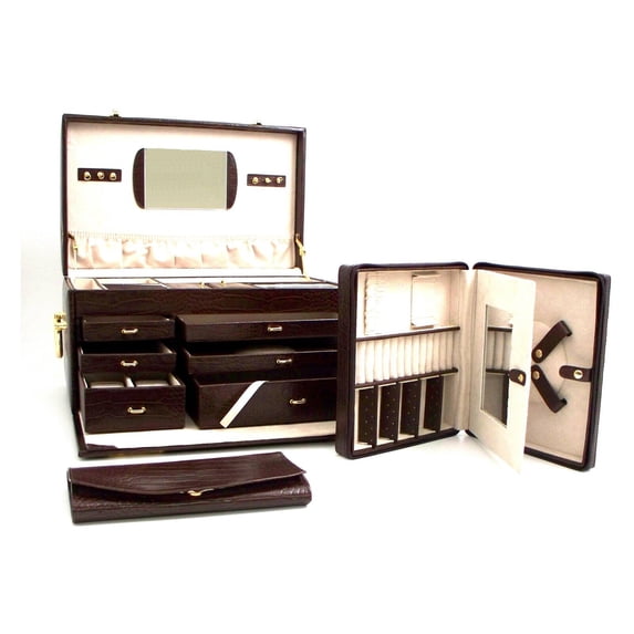 Bey-Berk Multi Storage Jewelry Box Chest | Mirror | Brown Croco Leather | BB581BRW