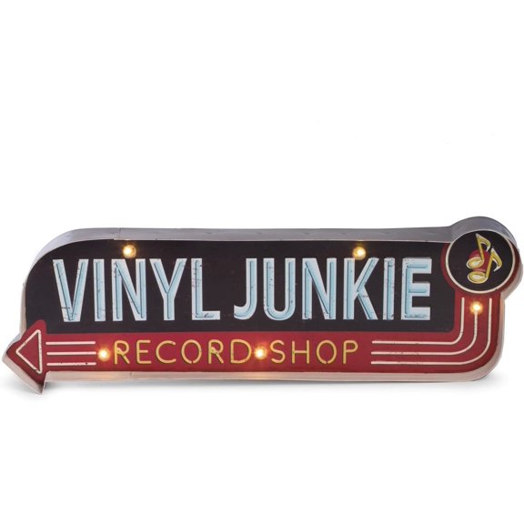 Bey Berk Vinyl Junkie LED Lighted Metal Sign, Wall Dcor or Free Standing Table Top Decoration for Bedroom, Living Room, Bar, Game Room, Garage, Man Cave - Battery Operated (22" L x 7" H x 2" W)