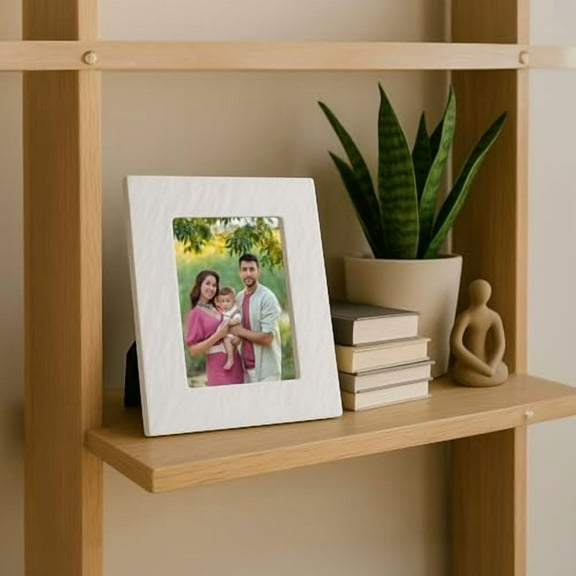 Bey-Berk White Marble Photo Frame 5" x 7" Vertical or Horizontal Picture Holder for Tabletop, Desk & Shelf Display