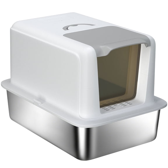 Beyamis 2 in 1 Stainless Steel Cat Litter Box with Removable Lid, Scoop & Filter Bags, Suitable for Small to Large Indoor Cats, White