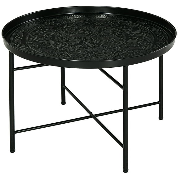 Beyamis 24" Round Coffee Table for Living Room (Metal), Decorative Hammered Tray Top & Durable Metal Frame Center Table, Multi-Use for Bedroom, Black