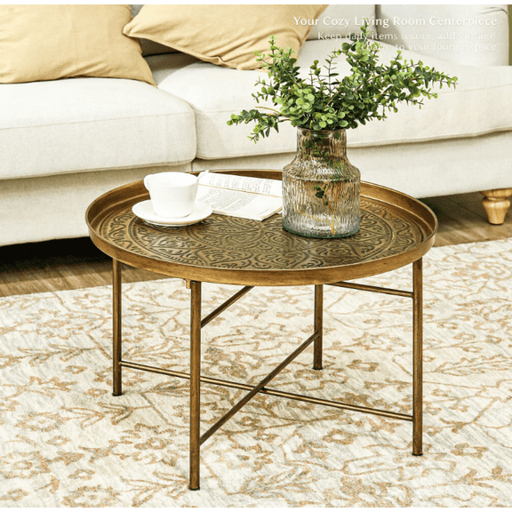 Beyamis 24" Round Coffee Table for Living Room (Metal), Unique Hammered Tray Top & Sturdy Metal Frame Center Table, Multi-Use for Bedroom, Gold