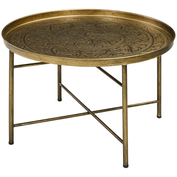 Beyamis 24" Round Coffee Table for Living Room (Metal), Unique Hammered Tray Top & Sturdy Metal Frame Center Table, Multi-Use for Bedroom, Gold