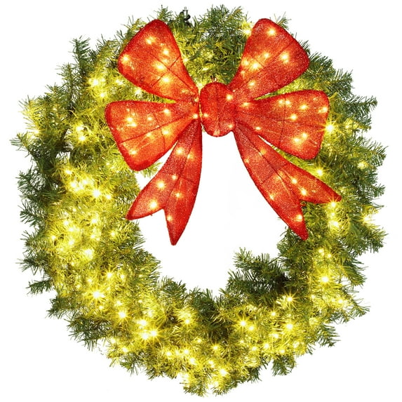 Beyamis 36 Inch Pre-Lit Artificial Christmas Wreaths - 3D Red Bow, 11 Lighting Modes & Remote | Pre-Lit Christmas Decor for Front Door, Wall, Window, Indoor Outdoor Holiday Use