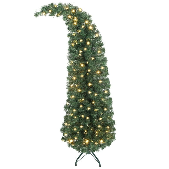 Beyamis 5 Ft Pre-Lit Green Bent Top Tree Christmas Tree - Whimsical Slim Fir, 100 Leds, Metal Stand - Whimsical, Compact - Indoor Kids' Room/Desk