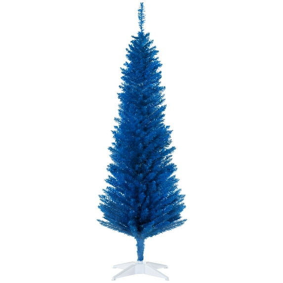 Beyamis 5Ft Blue Decorated Pencil Tree Christmas Tree - 294 Realistic Tips, Plastic Stand - Blue, Pre-Decorated - Indoor Kids' Room/Desk