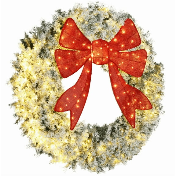 Beyamis 60 Inch Flocked Pre-Lit Artificial Christmas Wreaths - 3D Red Bow, 11 Lighting Modes & Remote | Large Pre-Lit Christmas Decor for Front Door, Yard, Porch, Indoor Outdoor Holiday Decoration