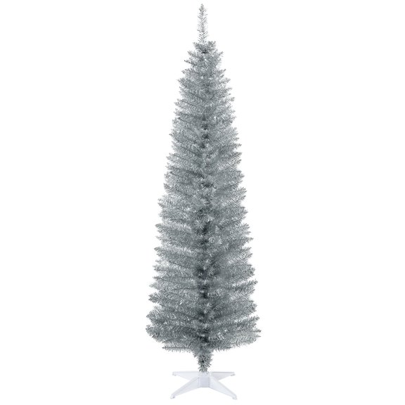 Beyamis 6Ft Silver Artificial Pencil Tree Christmas Tree- Slim, 390 Realistic Tips, Plastic Stand - Shiny, Slim - Indoor Entryway/Desk