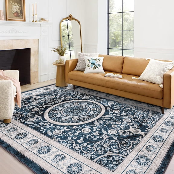 Beyamis 6x9 Area Rugs, Plush Vintage Bohemia Large Persian Non-Slip Washable Rug – Rugs for Living Room, Kitchen & Bedroom, Room Decor, Flower Design, Navy Blue