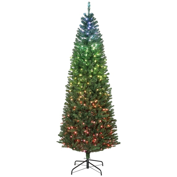 Beyamis 7Ft Slim Hinged Artificial Fir Christmas Tree - Colorful DIY Synchronized Lights with Remote & Daily Timer, Space-Saving Xmas Tree for Home Bedroom Office Holiday Decoration
