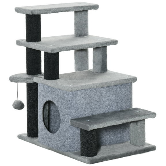 Beyamis Adjustable Height 3/4-Step Cat Stairs Cat Tree, Versatile Cat Tower with Soft Scratching Post & Condo, Christmas Home High Bed/Sofa Access, Toy Ball Included, Gray