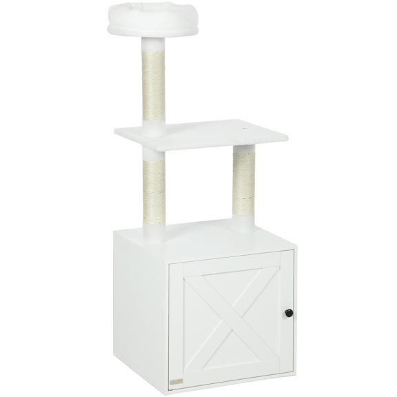 Beyamis Cat Tree with Litter Box Enclosure, Scratching Posts, Bed & Climbing Platforms, Pet-Friendly for Indoor Cats, White