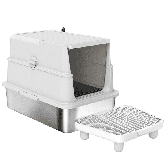 Beyamis Extra Large Stainless Steel Litter Box for Big Cats, with Flip Cover, High-Sided Enclosure & Scoop, Easy to Clean for Indoor Use