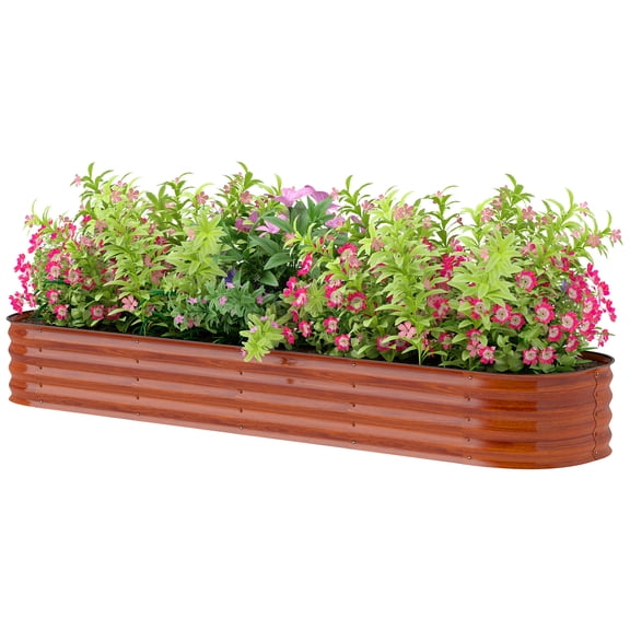 Beyamis Raised Garden Bed Kit Spring, Galvanized Metal Planter Box with Safety Edging, Brown, 7.9' x 2' x 1'
