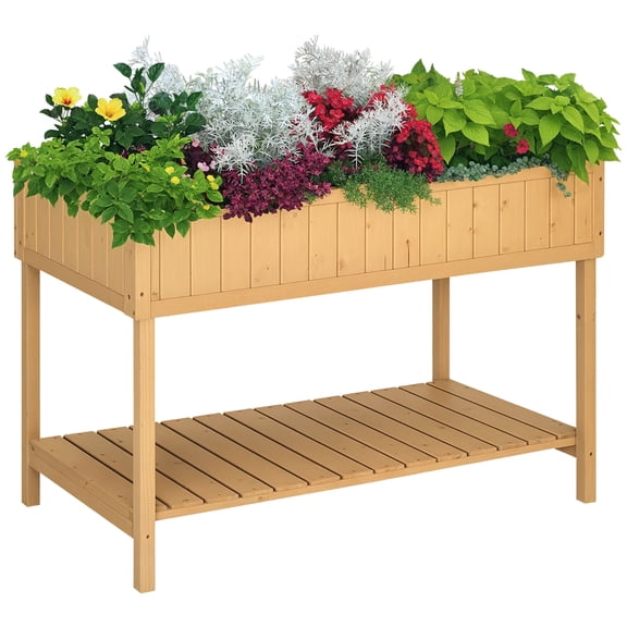 Beyamis Raised Garden Bed for Spring with 8 Pockets and Shelf, Wooden Elevated Planter Box with Legs for Herbs, Vegetables, Flowers, Natural, 43x18x30in