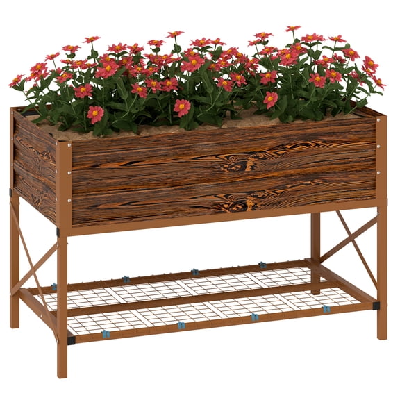 Beyamis Raised Garden Bed Spring, Galvanized Metal Planter Box with Legs, Storage Shelf and Bed Liner, Dark Brown