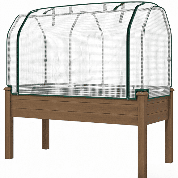 Beyamis Raised Garden Bed Spring, Outdoor Planter Box with PE Greenhouse Cover for Herbs and Vegetables, Brown, 48 x 22 x 46 inch