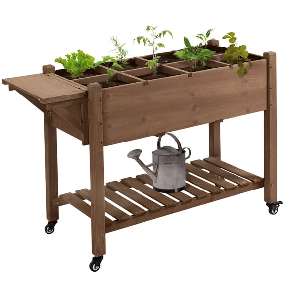 Beyamis Raised Garden Box Spring, Wooden Garden Box with 8 Pockets and Lockable Wheels, Foldable Side Clapboard, Elevated and Self-Draining Design for Herbs, Vegetables, and Flowers,Brown, 34.25H