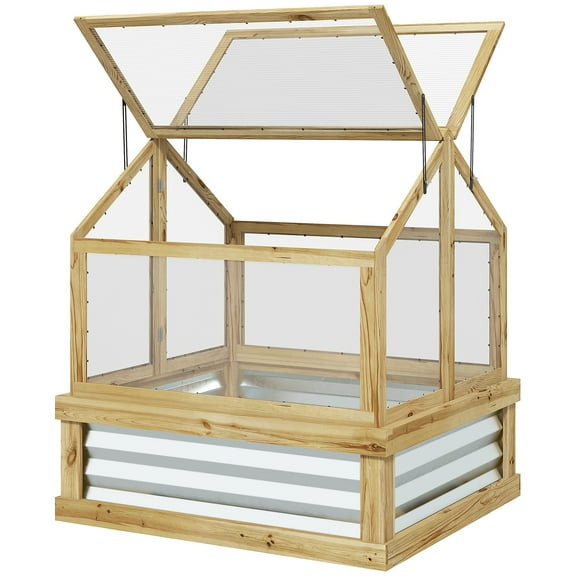 Beyamis Raised Garden Flower Bed Kit Spring, with Greenhouse, Wooden Cold Frame Planter, Natural, 35.5" x 31.5" x 36"