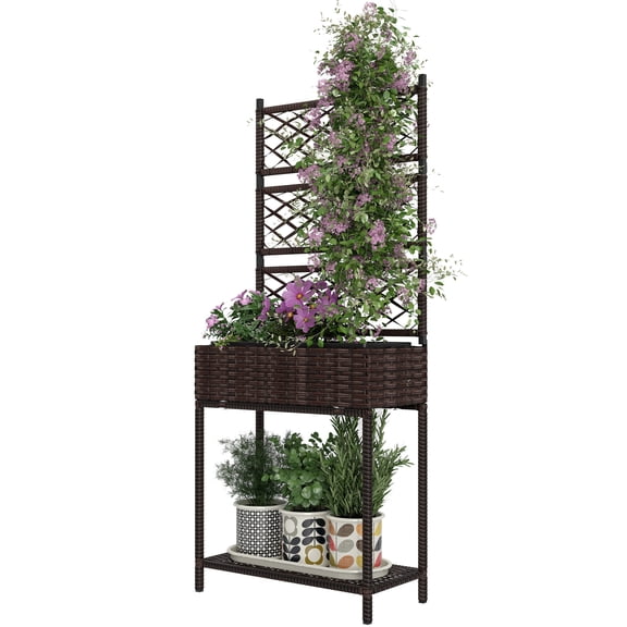 Beyamis Raised Garden Planter Spring, Outdoor Wicker Planter with Trellis for Climbing Plants, Freestanding Rattan Garden Box with Storage Shelf, Brown