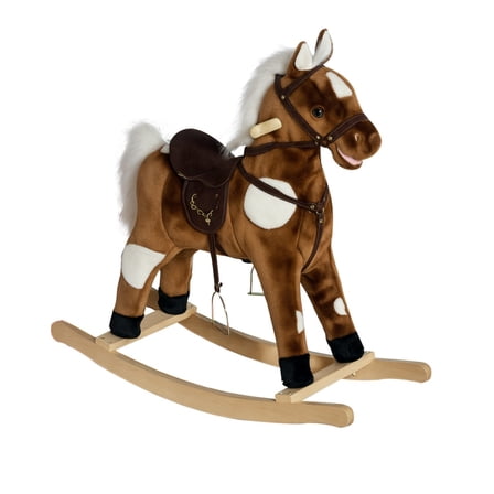 Beyamis Rocking Horse for Kids - Metal Plush Ride-On Chair Toy with Nursery Rhyme Music, Dark Brown
