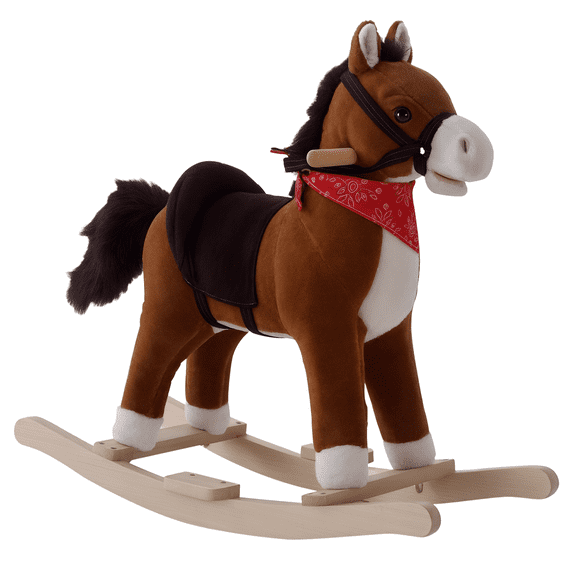 Beyamis Rocking Horse for Kids - Plush Ride-On Toy with Realistic Sounds & Red Scarf, 3+ Years Old Suitable, Birthday Gift