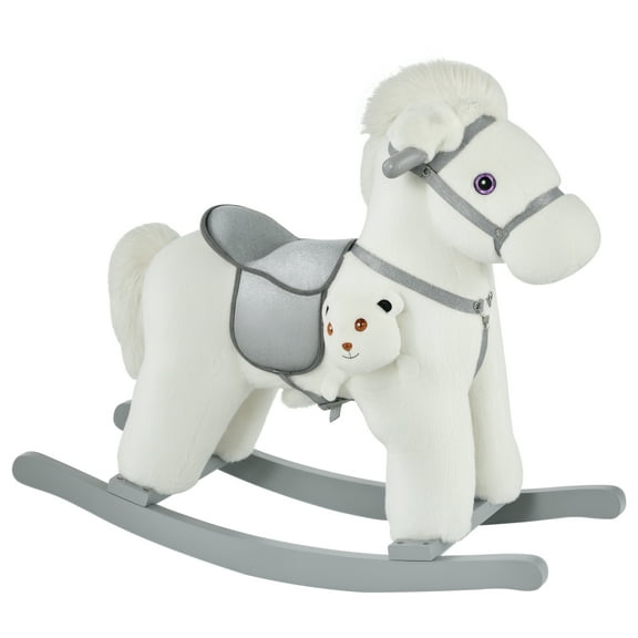 Beyamis Rocking Horse for Kids - Plush Ride-On with Bear Toy, Children Chair with Soft Plush & Realistic Fun Sounds, White