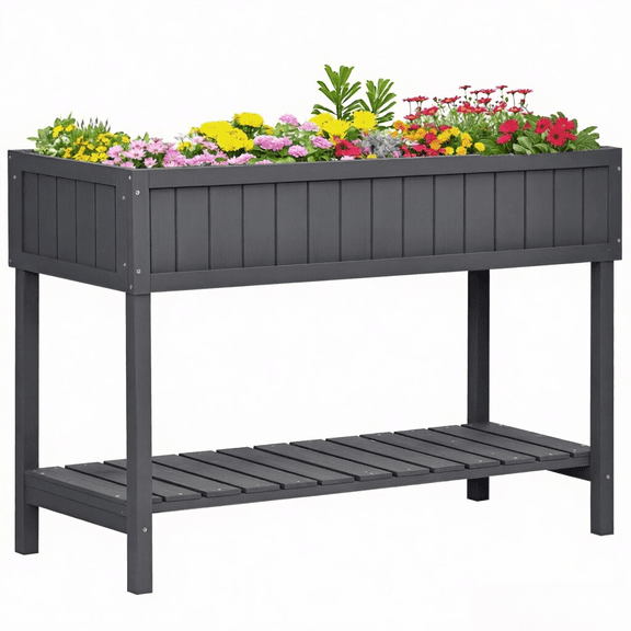 Beyamis Wooden Raised Garden Bed for Spring, Elevated Planter Box Stand with 8 Slots & Open Shelf, Dark Gray