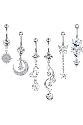 Beyarina 14G Dangle Belly Button Navel Rings, Steel, 6 Pcs