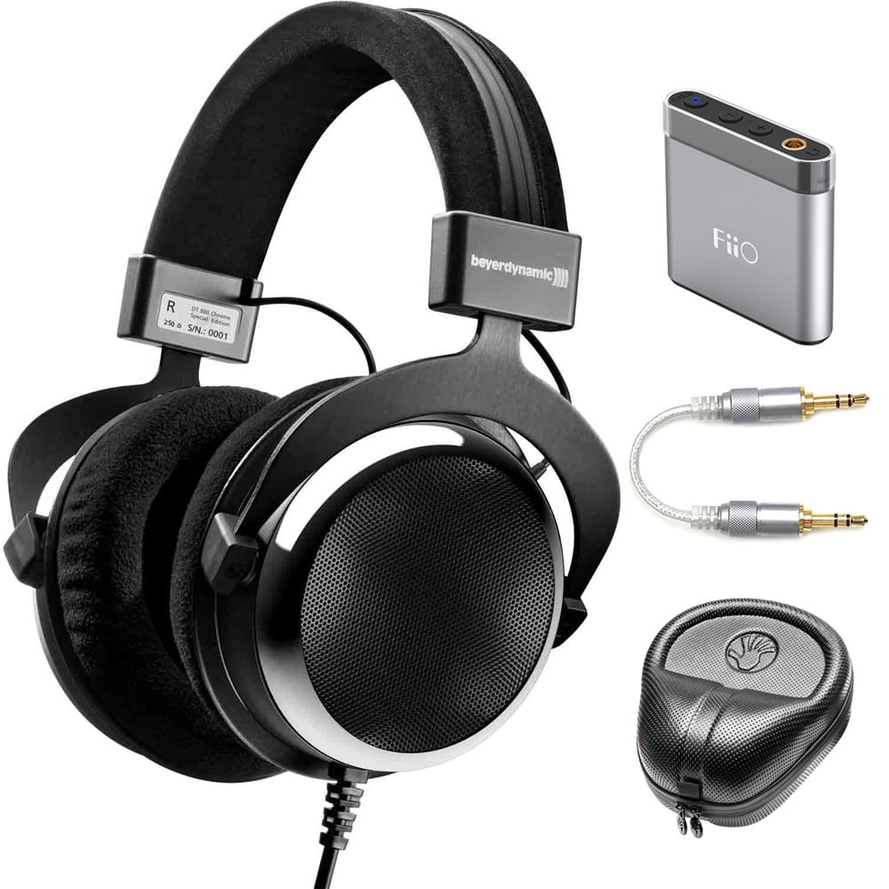 BeyerDynamic DT 880 Premium Special Edition Chrome Version 250 ohm 717258 with FiiO A1 Port. Headphone Amplifier Professional 3.5mm to 3.5mm