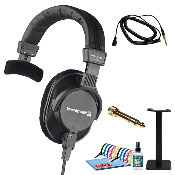 Beyerdynamic DT 252 Single Ear Broadcast Headphone | 80 Ohm, Neodymium Driver, Detachable Coiled Cable, Professional Monitoring for Broadcast, Intercom, Production, Recording + Cleaner + Stand