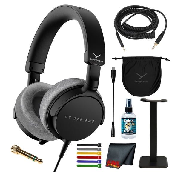Beyerdynamic DT 270 PRO Closed-Back Studio Headphones | Over-Ear Monitoring, 5Hz-24kHz, Detachable Cable, Dual-Sided Connectivity for Recording, Mixing, Audio Editing + Cleaner + Stand