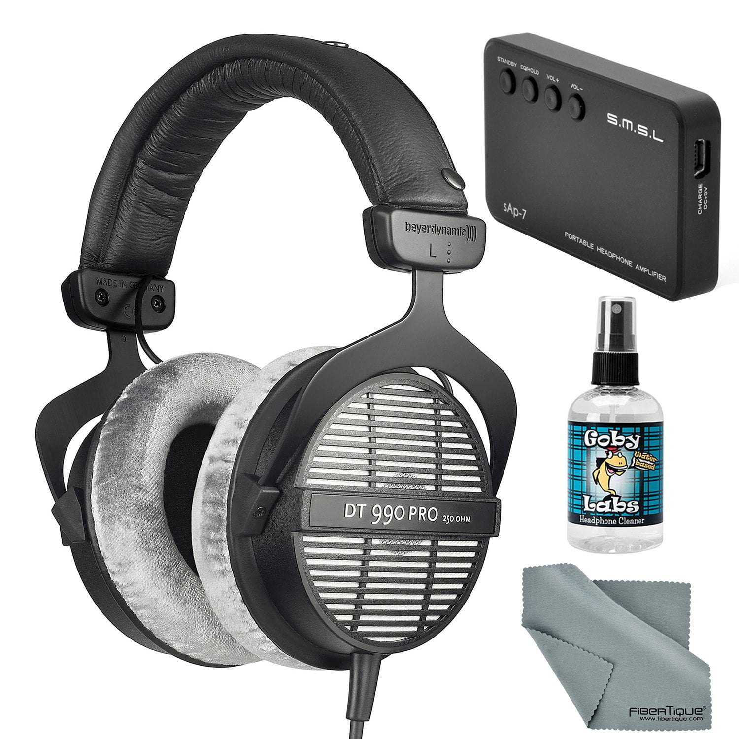Beyerdynamic DT 990 PRO 250 Ohm Headphones with Amplifier + Cleaner +  Fibertique Cloth Bundle 