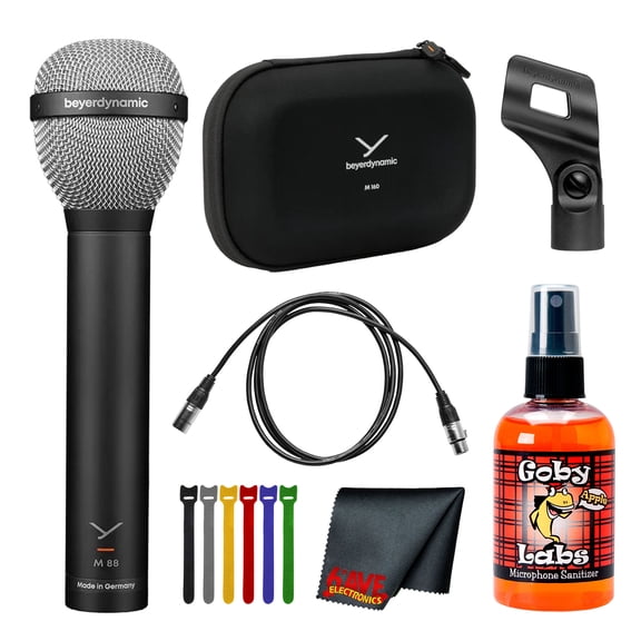 Beyerdynamic M 88 Dynamic Hypercardioid Microphone | 30Hz-20kHz, Kick Drum, Vocals, Guitar Amp, Brass, Podcasting + Mic Cleaner + XLR Cable + Cleaning Cloth