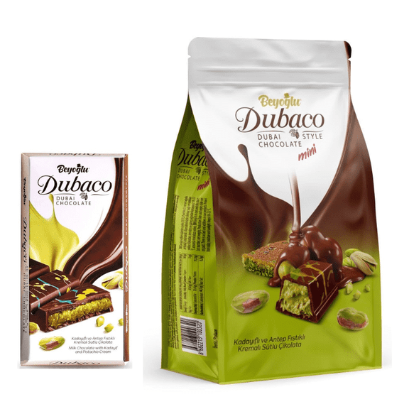 Beyoglu Dubai Chocolate Set 16pcs Individually Wrapped Pistachio & Kataifi Filled Chocolate & 3.35 oz Dubai Chocolate Bar Premium Middle Eastern Dessert