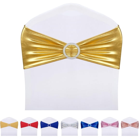 Beyomay 50 PCS Spandex Chair Sashes Bows Elastic Chair Bands with Buckle Slider Sashes Bows for Wedding Decorations Without White Covers (Metallic Gold)