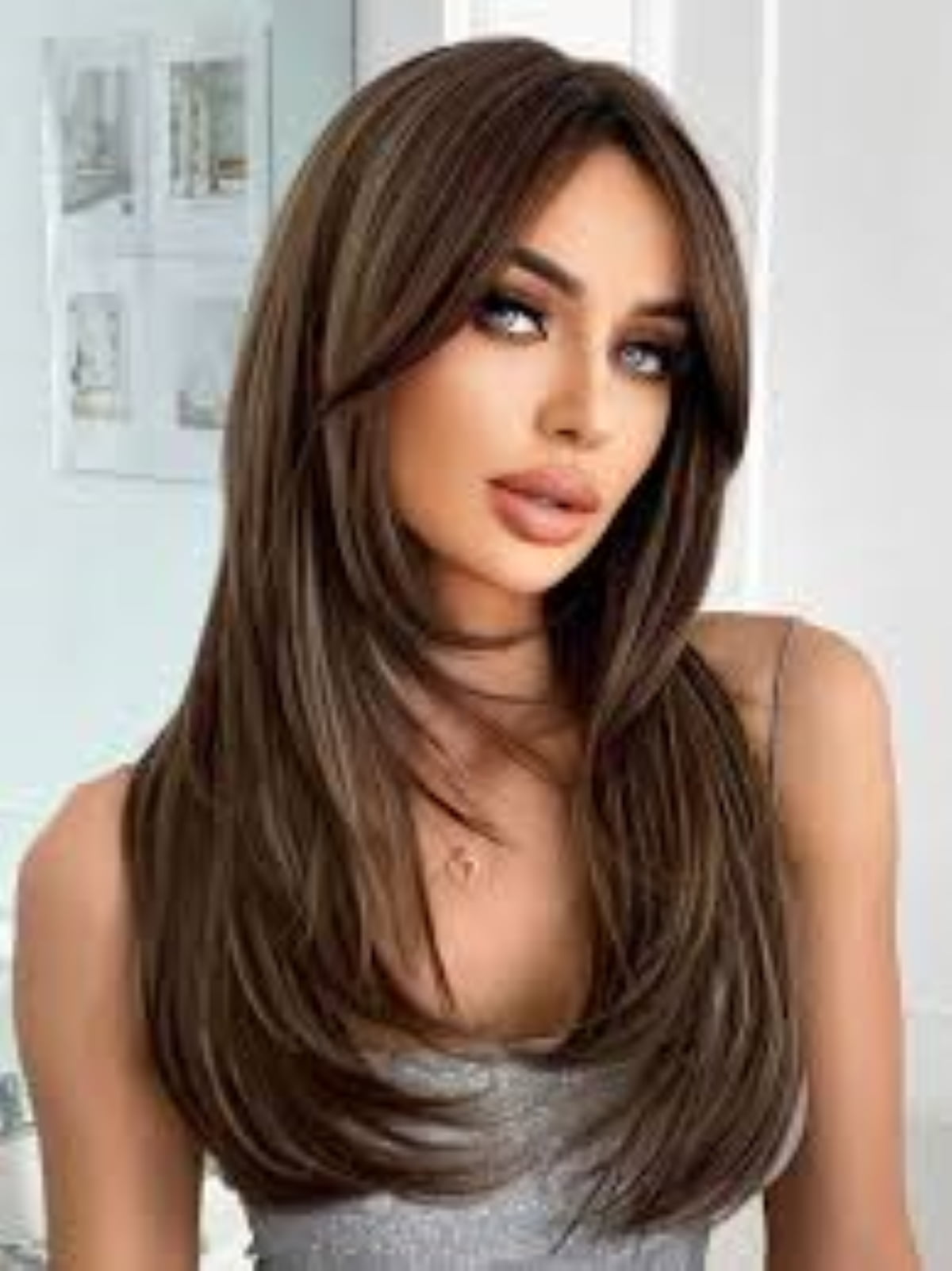 Beyonce Brand Layered Long Straight Synthetic Wig, Dark Brown w/ Gold ...
